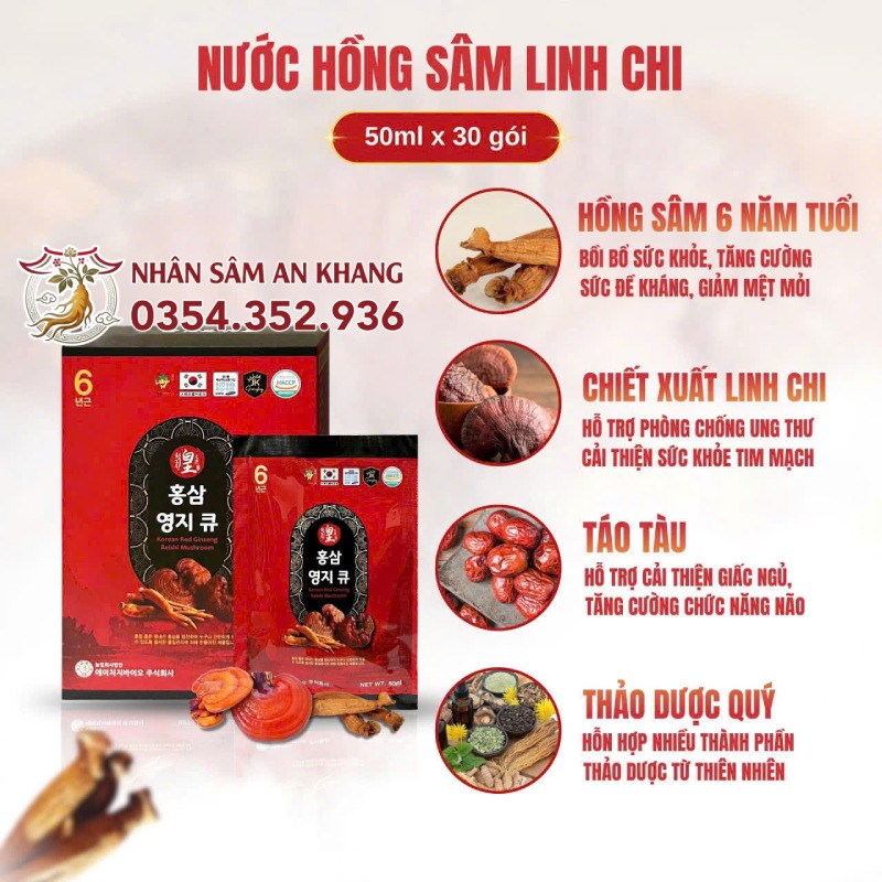 Nước Hồng Sâm Linh Chi Hàn Quốc 50ml x 30 Gói 10 nuoc hong sam linh chi han quoc 2