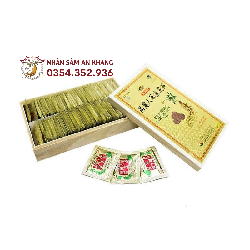 Trà Hồng Sâm Linh Chi Bio Apgold Hộp Gỗ 100 Gói 12 tra linh chi bio 6